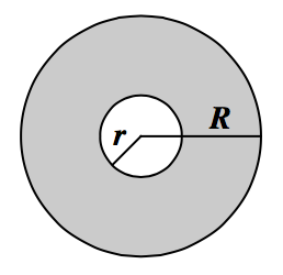 2 concentric circles, with shaded region between circles, inner circle radius labeled, small letter, r, larger circle radius labeled, capital letter, R.